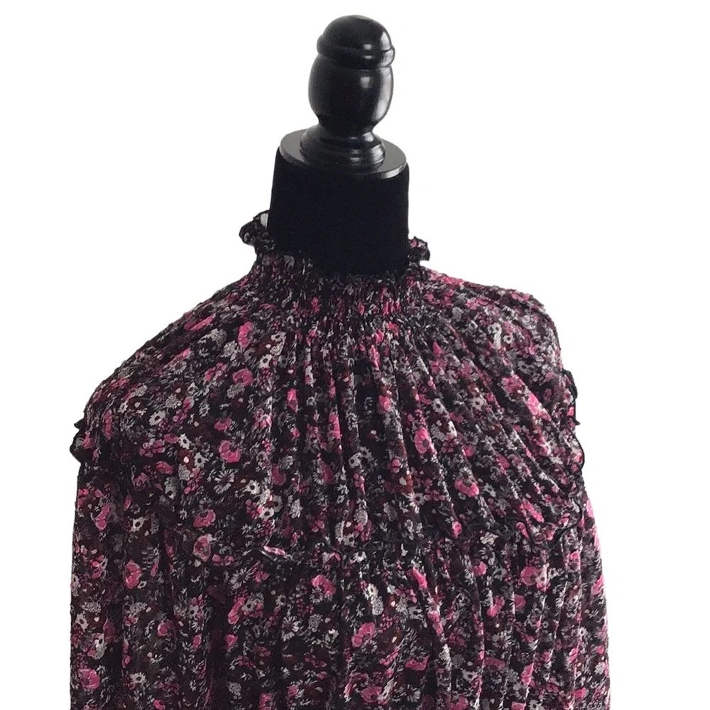 Zara Floral Print Pink Black Ruffle Neck Blouse, size M - Picture 6 of 14
